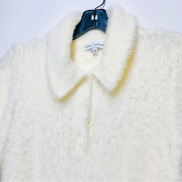 Express x Negin Mirsalehi Cream Fluffy Furry Button Up Collar Sweater Top - Picture 3 of 4